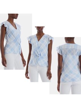 𝅺FRONT knot wrap plaid check blouse ruffle sleeve Blue white Sz S NWT